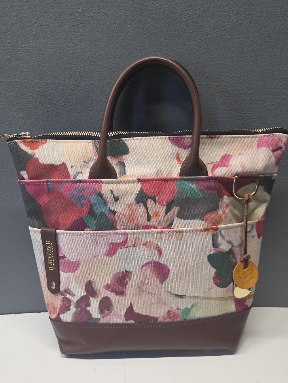 R. Riveter Floral Canvas Tote in Pink and Cream with Brown Trim